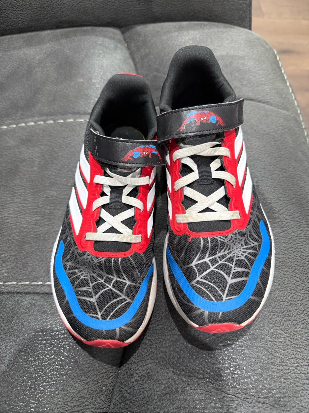 adidas Kids Black & Red Spider-Web Sneakers with Blue Accents